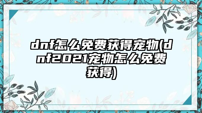 dnf怎么免費獲得寵物(dnf2021寵物怎么免費獲得)